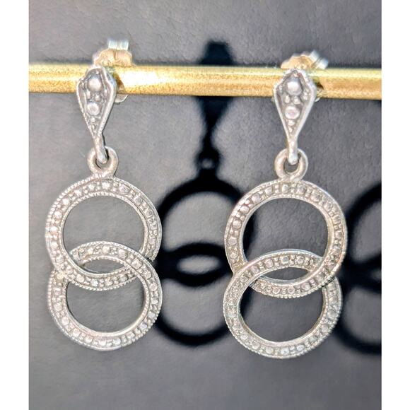 Vintage 925 Sterling Double Interlocking Rings Dangle Pierced Earrings - Picture 1 of 5